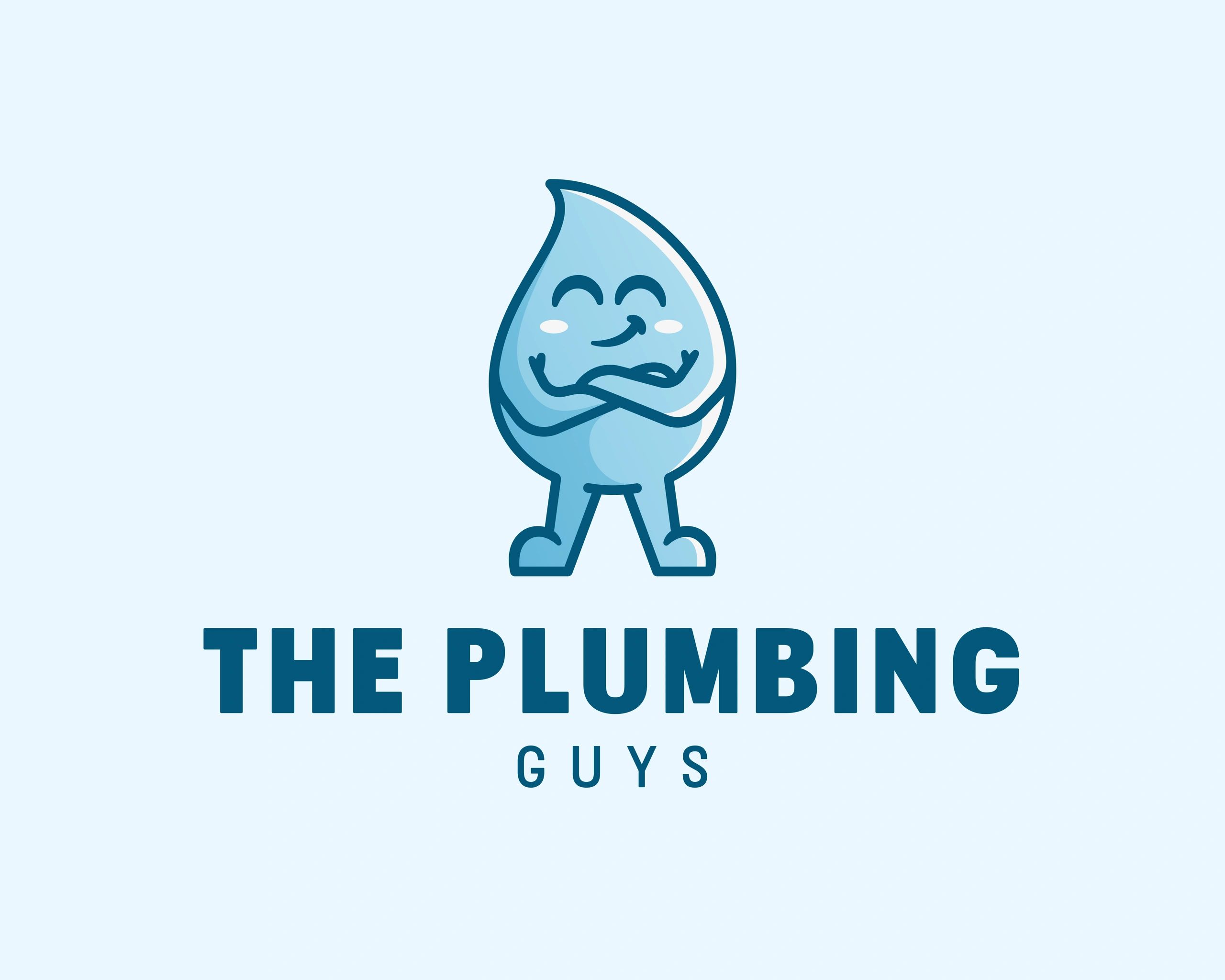 Logo of a confident water drop mascot for The Plumbing Guys.