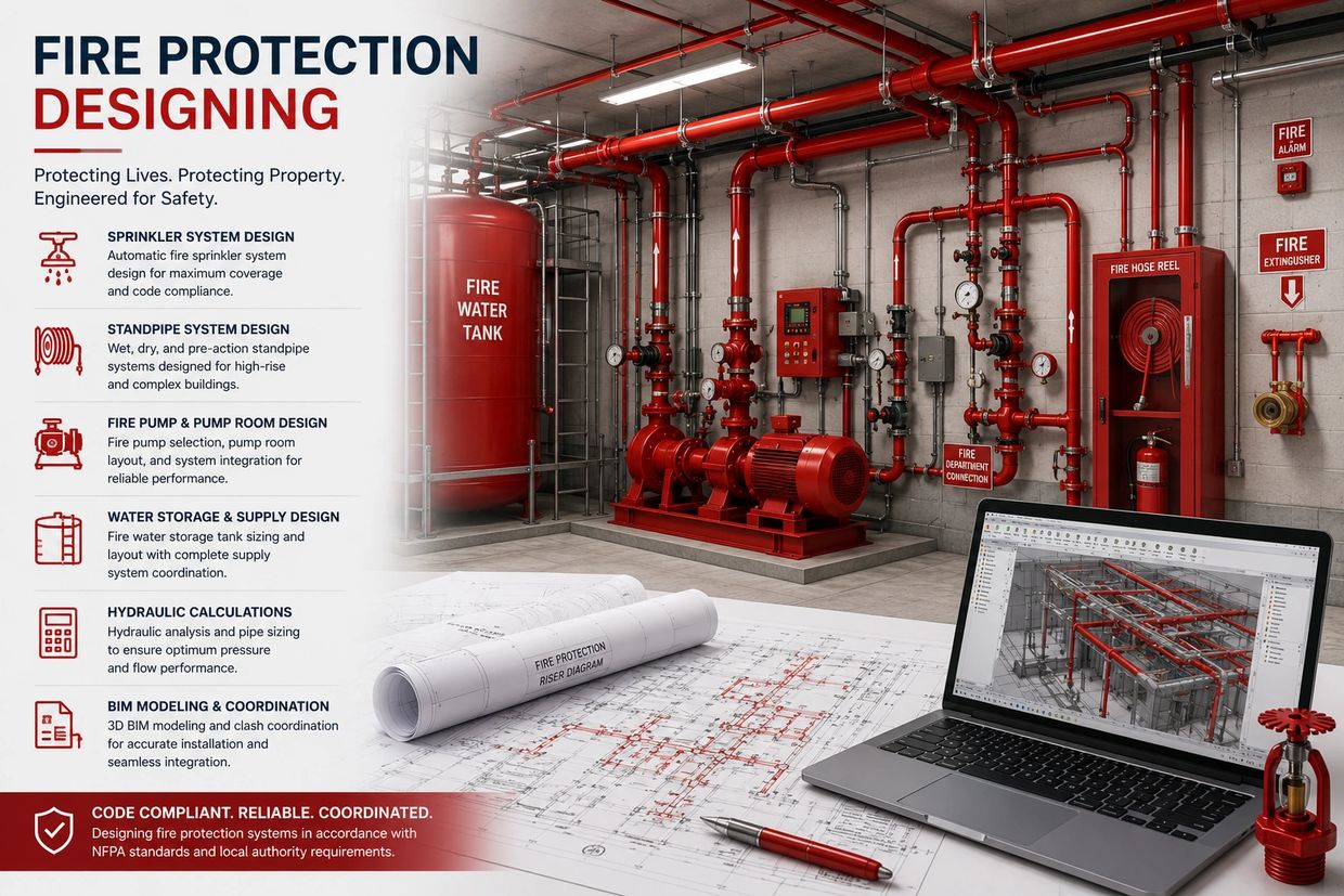 Fire protection system design with sprinkler, standpipe, pump, and BIM modeling.