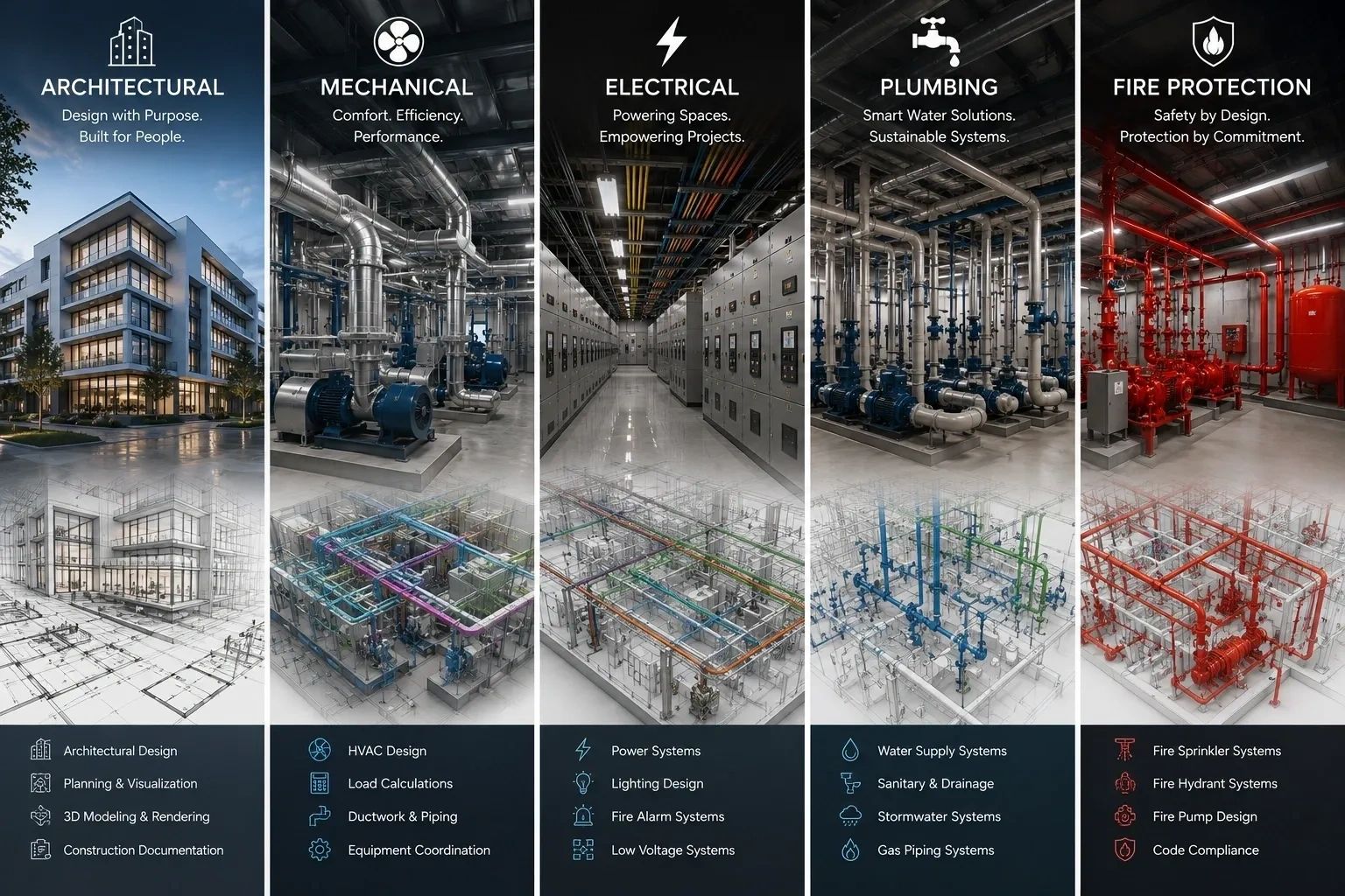Overview of building system designs: architectural, mechanical, electrical, plumbing, fire protection.