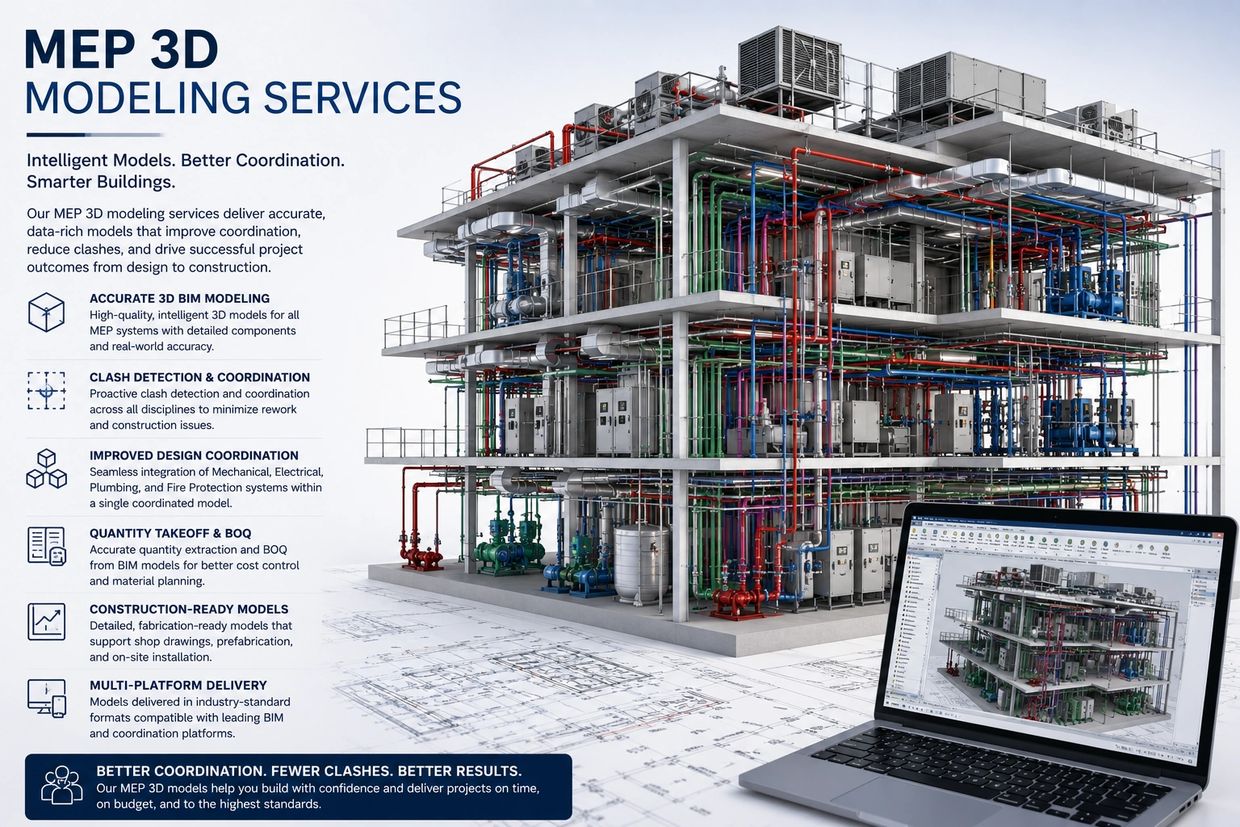3D MEP modeling service showing a detailed building model and laptop.