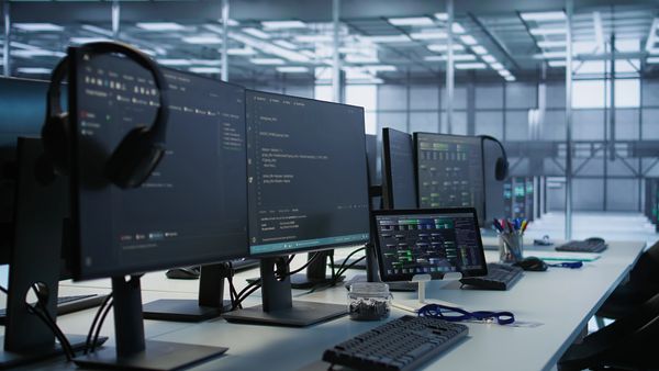 Modern workspace with multiple monitors displaying code and data analytics.
