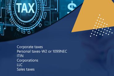 List of tax-related services including corporate, personal, ITIN, corporations, LLC, and sales taxes.