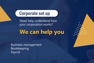 Corporate setup assistance for business management, bookkeeping, and payroll.