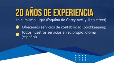 Anuncio de servicios contables con 20 años de experiencia y atención en español.
