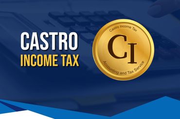 Logo for Castro Income Tax with a gold coin and calculator background.
