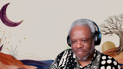 Man wearing headphones with artistic desert background.