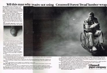 A man in a wheelchair featured in a lumber wrap safety ad by Cromwell Paper Company.