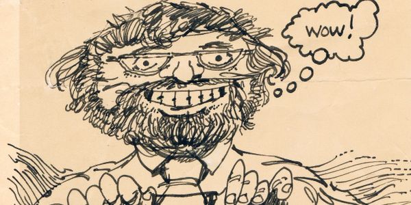 Cartoon of Mark J. Aronson typing with a thought bubble saying "wow!"