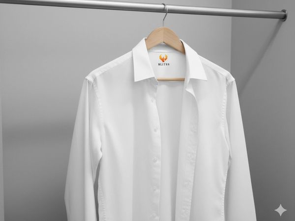 A crisp white dress shirt hanging on a wooden hanger in a closet.