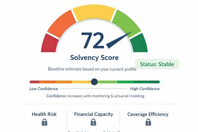 Solvency score gauge showing 72 with stable status and confidence scale.