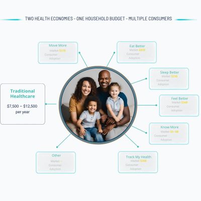 Family surrounded by health economy budget categories.