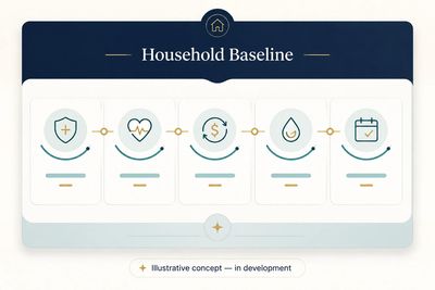 Illustrative household baseline connecting coverage, costs, cash flow, liquidity, and commitments.