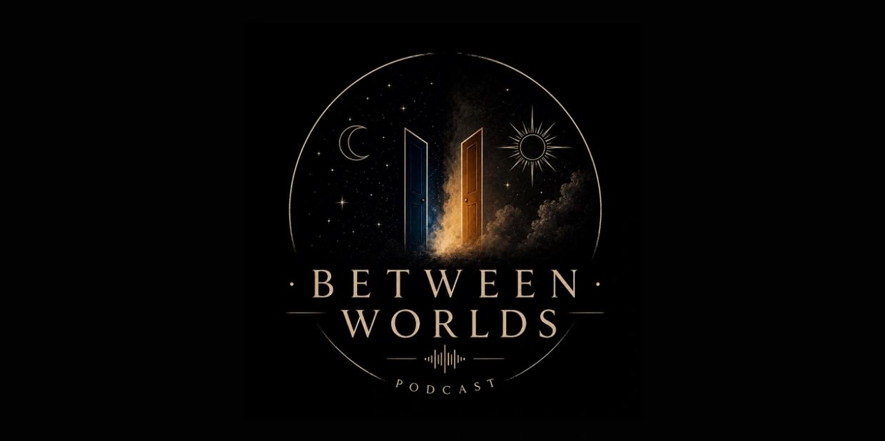 Logo with two doors, moon and sun, reading 'Between Worlds Podcast'.