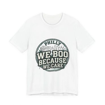 White T-Shirt with We Boo Because We Care about Philly sports teams.