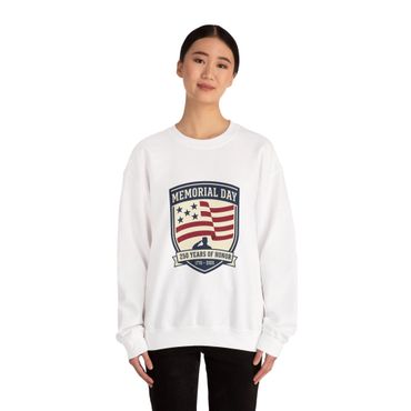 Woman wearing white sweatshirt celebrating Memorial Day and America’s 250th birthday.