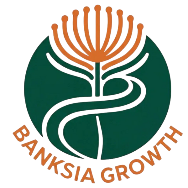 Banksia Growth logo featuring stylized green leaves and an orange banksia flower.