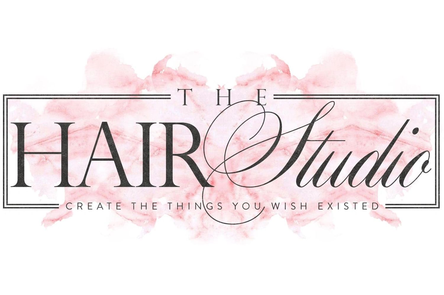 Elegant logo for The Hair Studio with a pink watercolor background.
