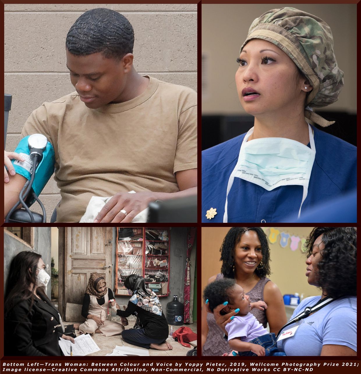 Collage; b.p. measured, surgeon, mother and baby daughter meet nurse, trans woman recv medical care