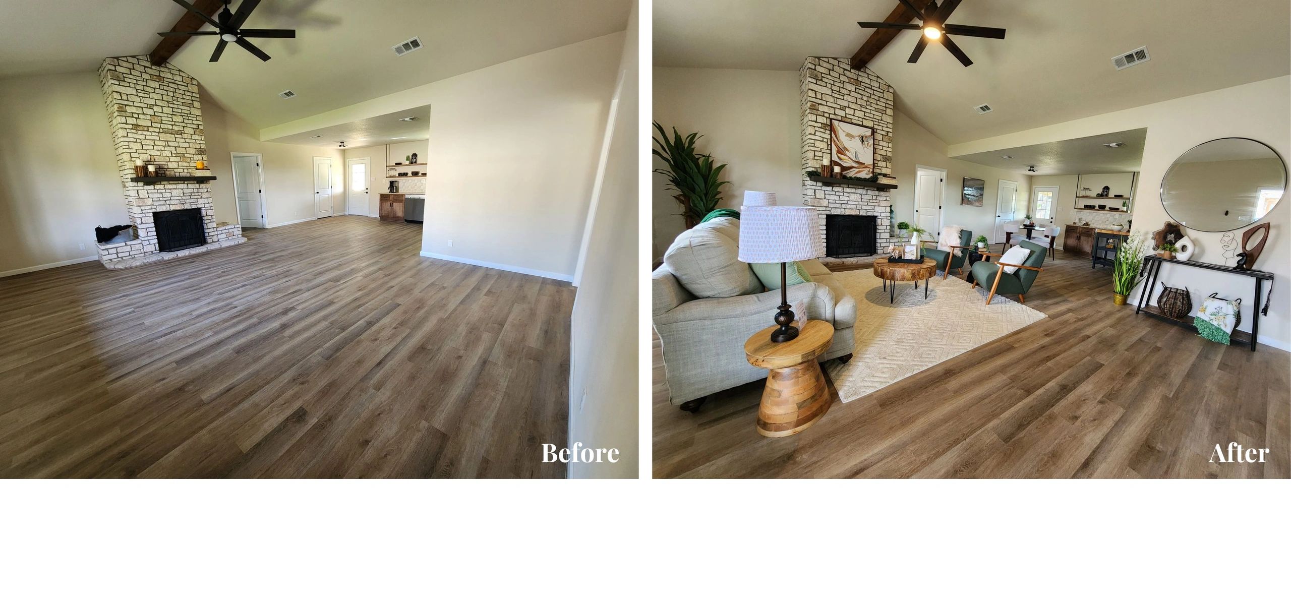 Before and after living room staged with white area rug, couch and table under round mirror