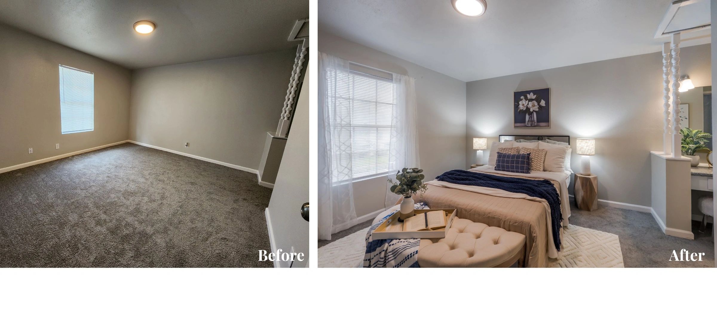 Before and after comparison of bedroom staged with white bed with blue blanket