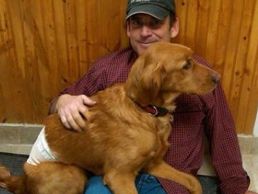 Compassionate, caring moment shared between animal doctor, Mark Robinson, and a grateful wounded dog patient.