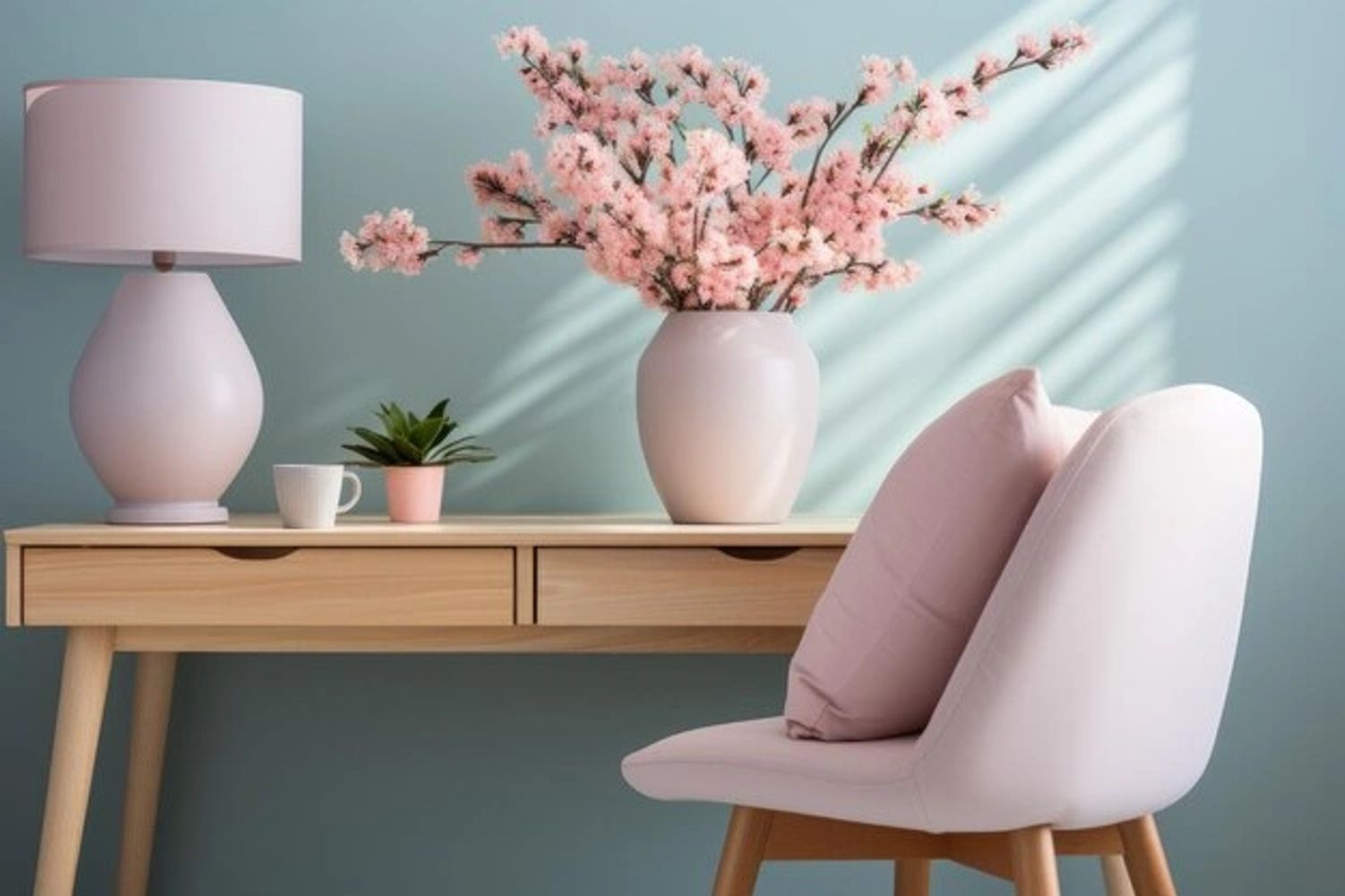 Minimalist workspace with pink decor and flowers.