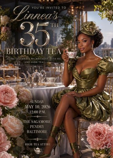 Elegant invitation for Linnea's 35th birthday tea with a stylish woman in green satin dress.