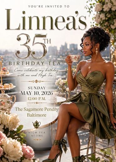 Elegant invitation for Linnea's 35th birthday tea party in Baltimore.