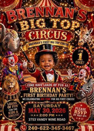 Colorful circus-themed birthday invitation featuring a joyful child and animals.