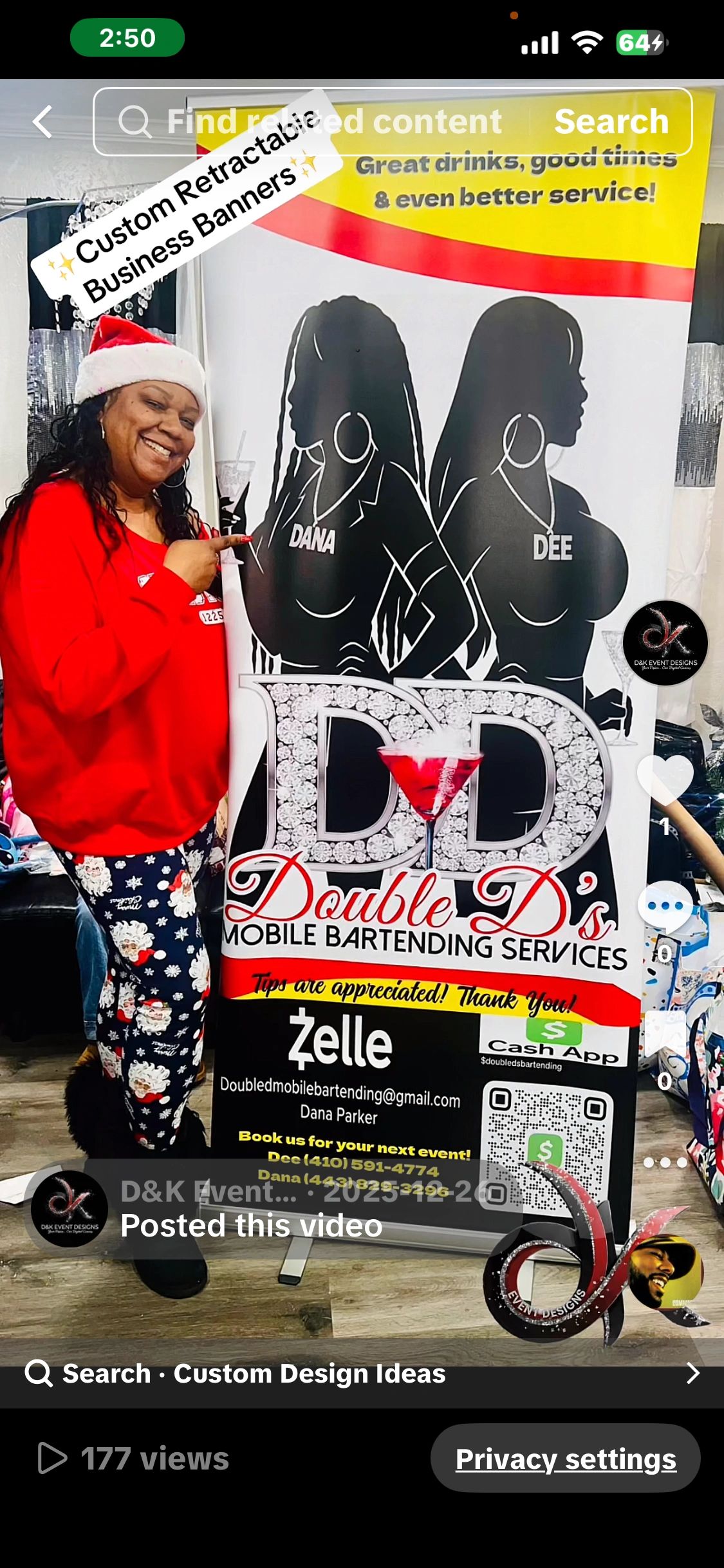 Woman in festive attire poses next to a mobile bartending service banner.