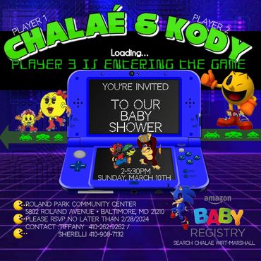 Video game-themed baby shower invitation with classic arcade characters and event details.