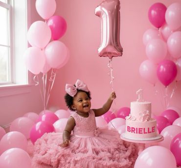 A joyful baby girl in a pink dress celebrating her first birthday with balloons and cake.