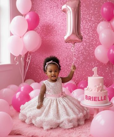 A baby girl in a pink dress celebrating her first birthday with balloons and cake.
