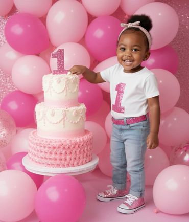 Toddler girl celebrating her first birthday with a pink cake and balloons.