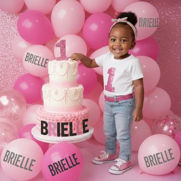 A little girl celebrating her first birthday with pink balloons and cake.