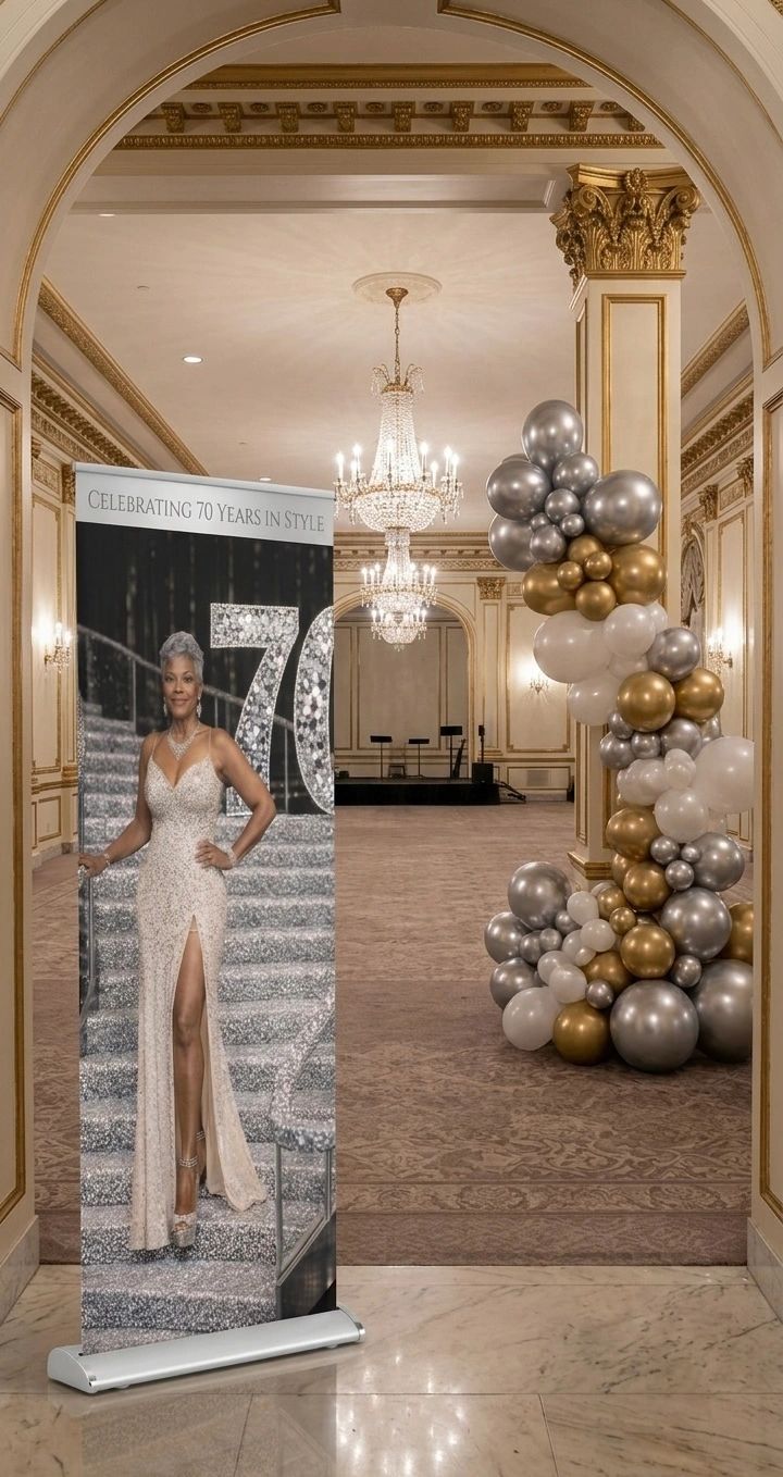 Elegant celebration setup with a glamorous banner and gold, silver, and white balloons.