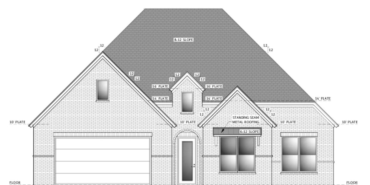 Architectural front elevation drawing of a single-story house with roof slope and plate height annotations.