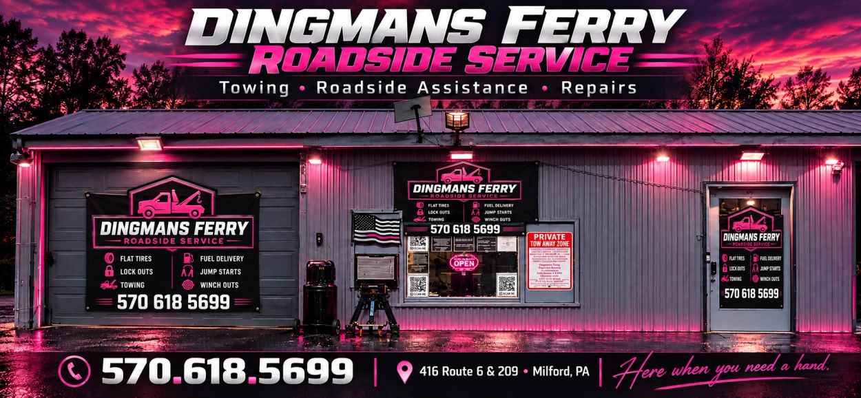Dingmans Ferry Roadside Service building at sunset.