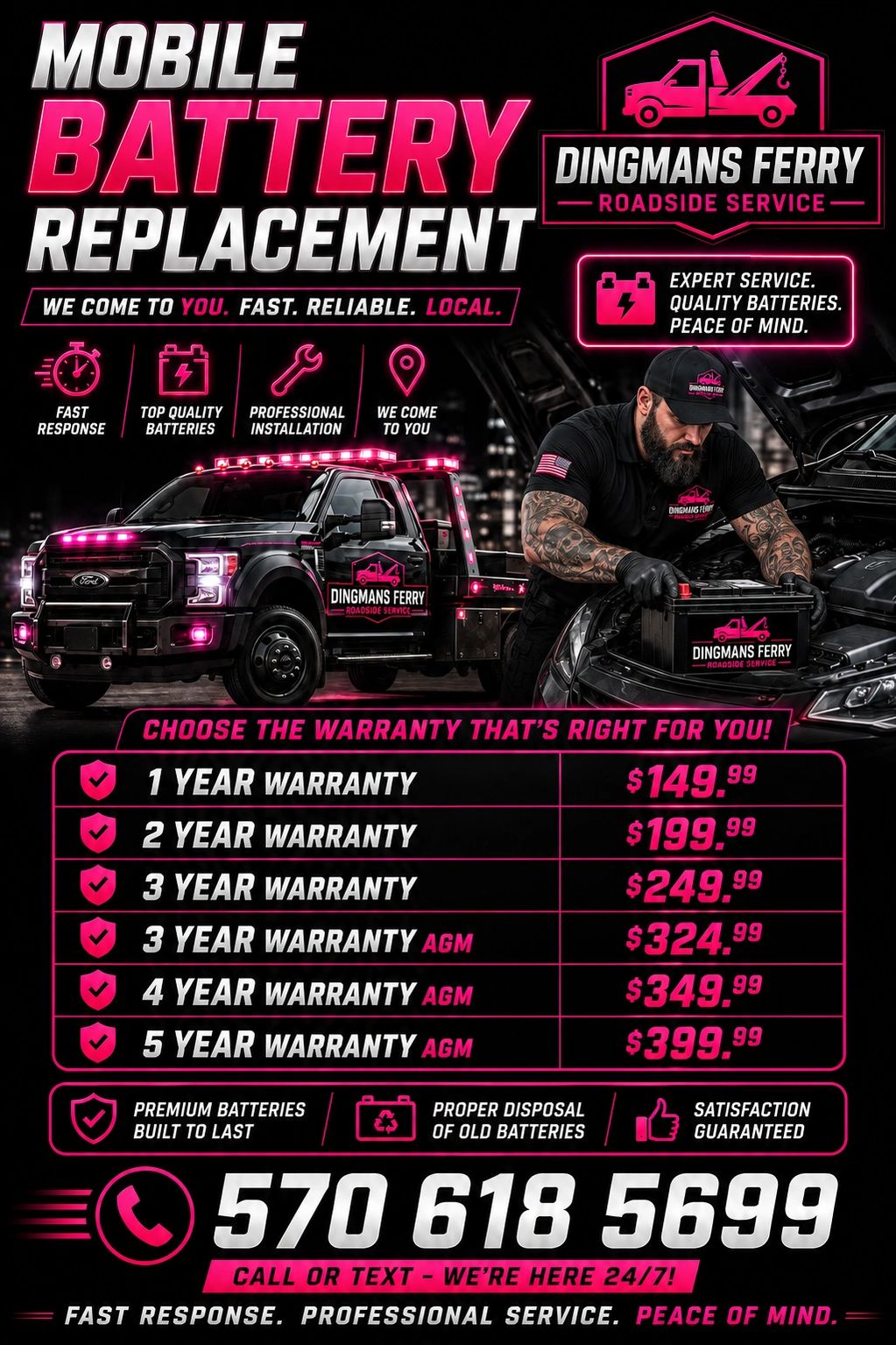 Mobile battery replacement service with warranty options by Dingmans Ferry Roadside Service.