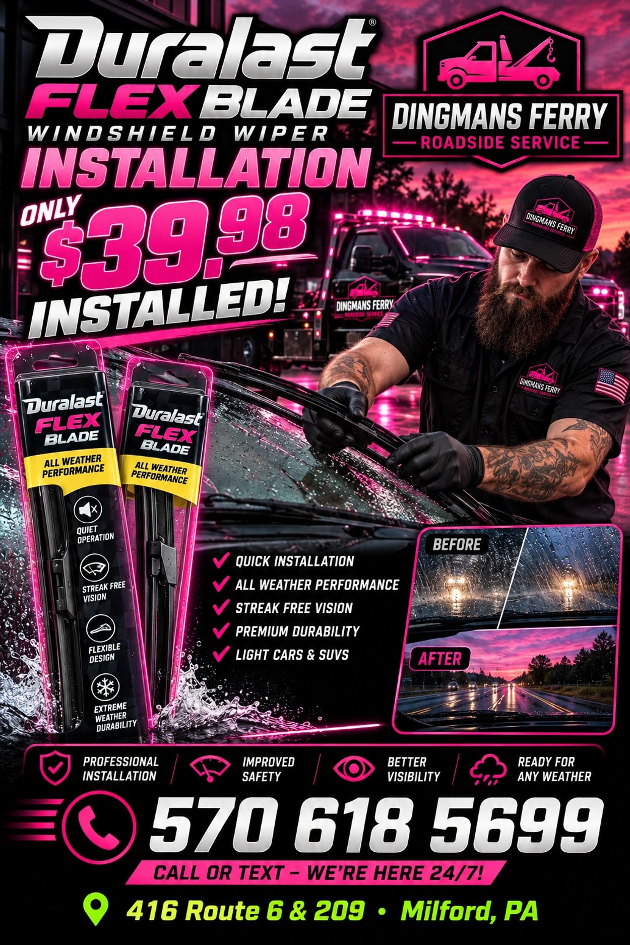 Duralast Flex Blade windshield wiper installation for $39.98 with Dingmans Ferry Roadside Service.