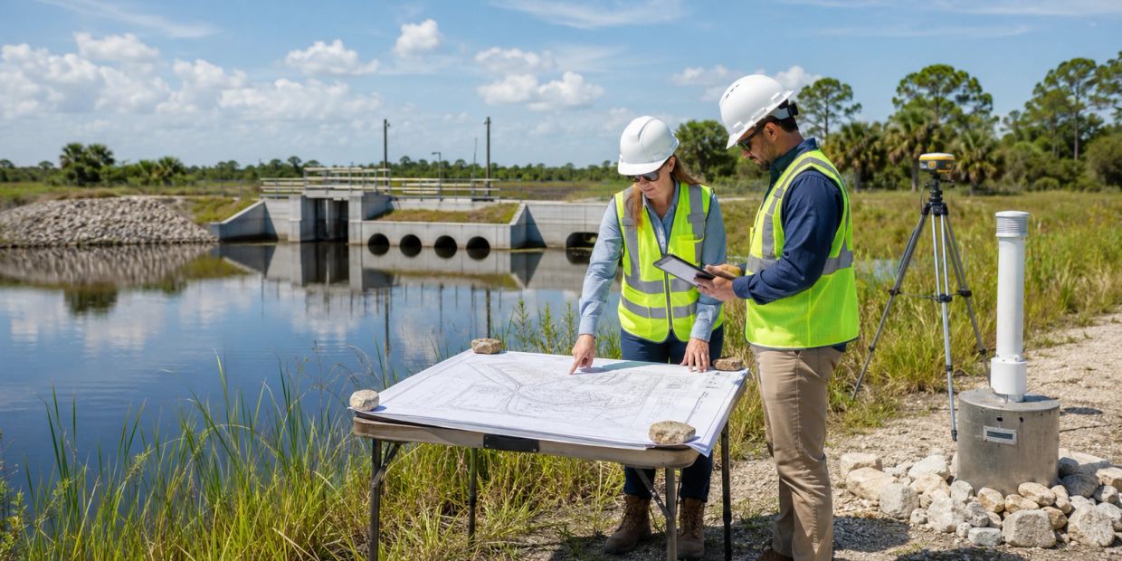 Engineers reviewing plans by a waterway.