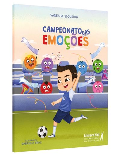 Children's book cover showing a boy playing soccer with animated emotional faces cheering.