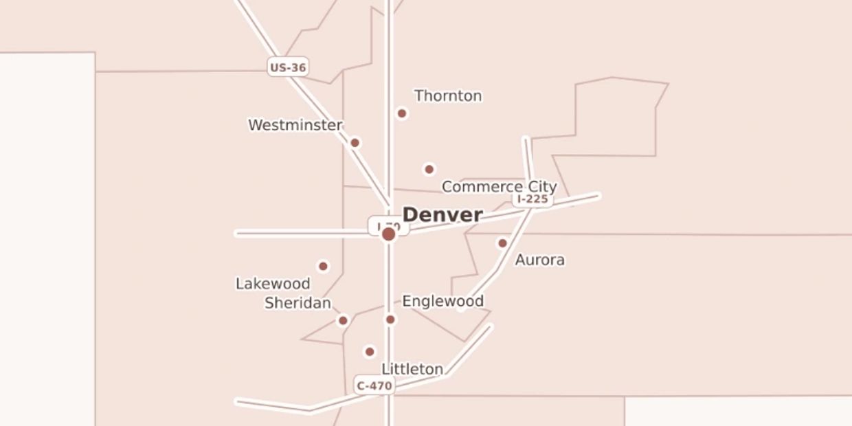 Map highlighting Denver and nearby cities in Colorado.