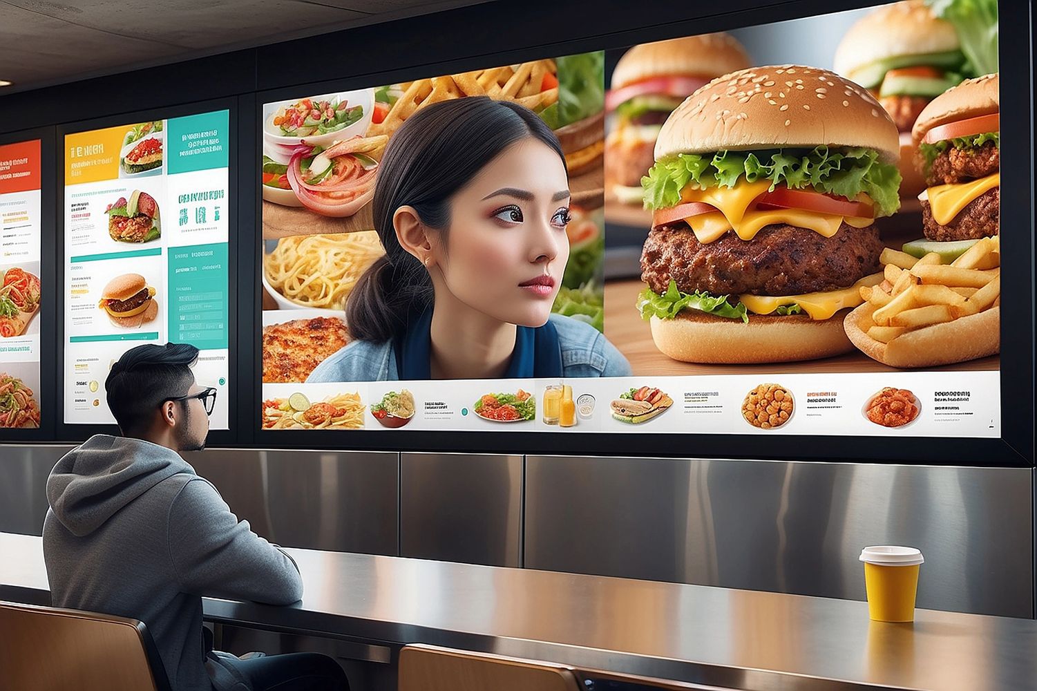 Man in glasses looking at a fast food menu with large burger images.