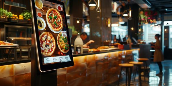 Digital kiosk displaying pizza options in a modern restaurant.