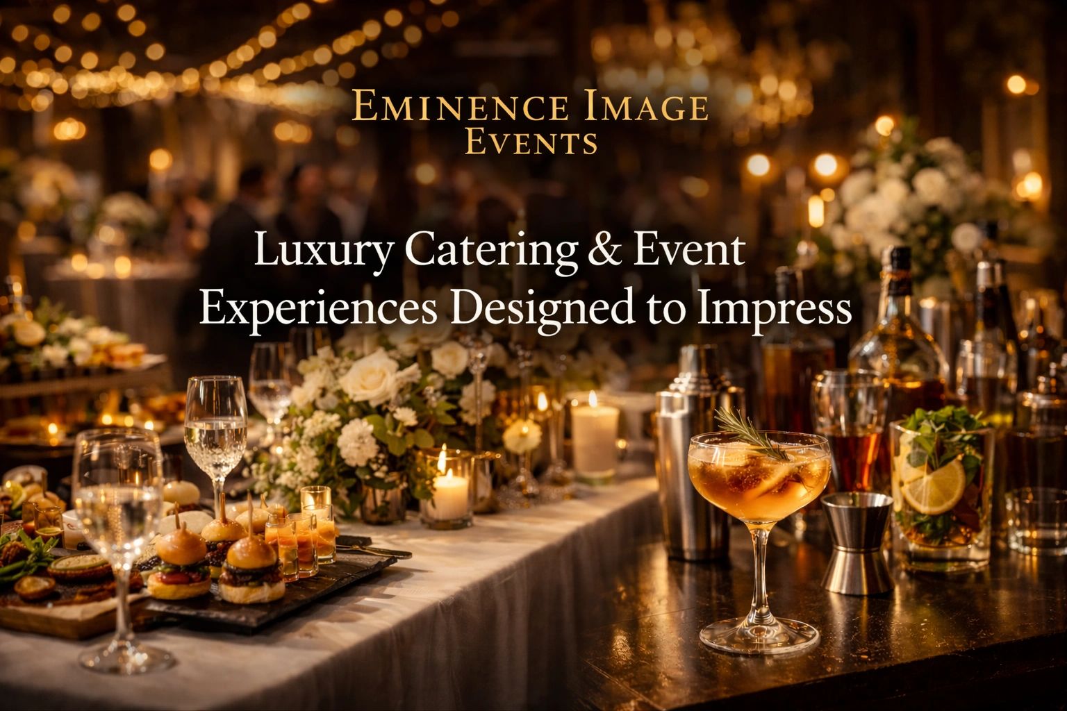 Elegant event setup with gourmet food and cocktails under warm lighting.