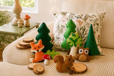 Cozy felt forest animals and trees on striped chair.