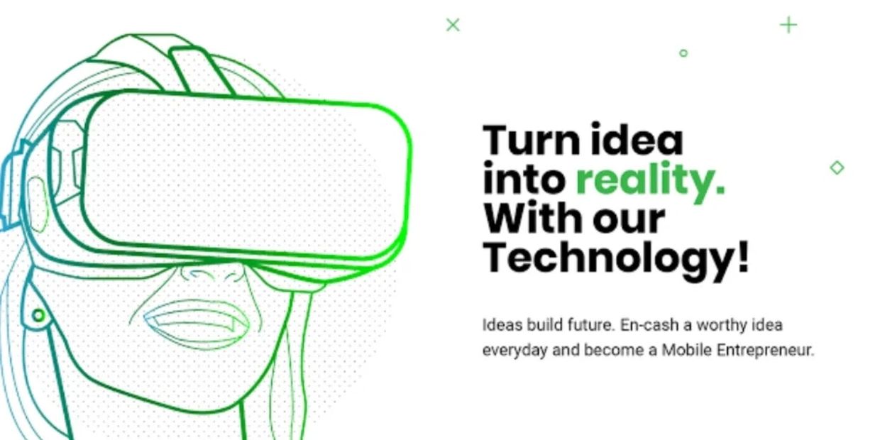 Graphic of a person using VR headset with a tech innovation message.