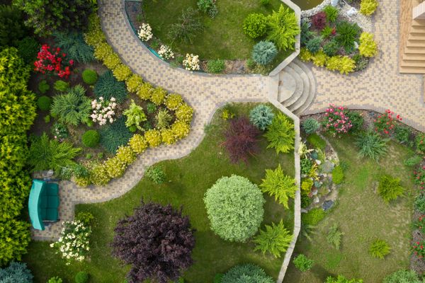 The image is an aerial view of a beautifully designed garden with intricate pathways.