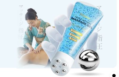 High reaction massage gel with roller ball and massage therapy scene.